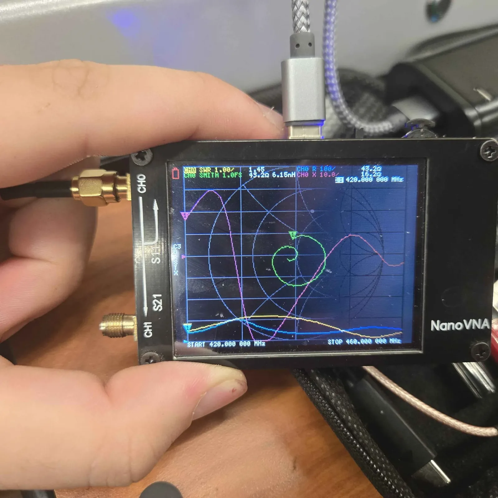 NanoVNA screen showing an early 420 to 460 MHz sweep for the 70 cm tape-measure Yagi before final soldering and tuning